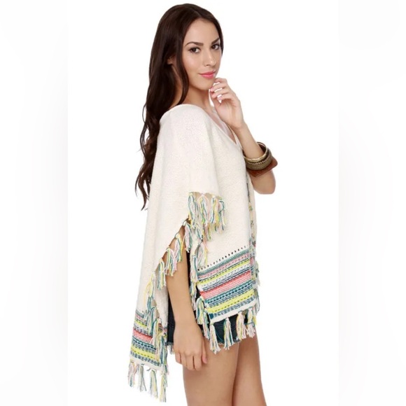 Roxy Knit Serene Morning Fringed High Low Colourful Coastal Poncho Medium/Large - Picture 3 of 15